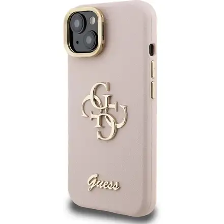 Guess PU Grained 4G Logo Stand Camera Frame kryt iPhone 15 růžový