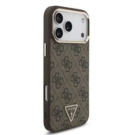 Guess PU Leather 4G Strass Triangle Logo Gold Frame MagSafe kryt iPhone 18 Pro hnědý