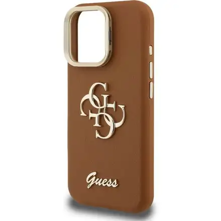 Guess PU Grained 4G Logo Stand Camera Frame kryt iPhone 15 Pro hnědý