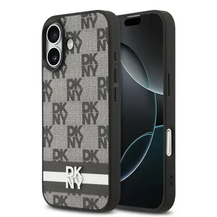 DKNY PU Leather Checkered Pattern and Stripe kryt iPhone 17 černý.