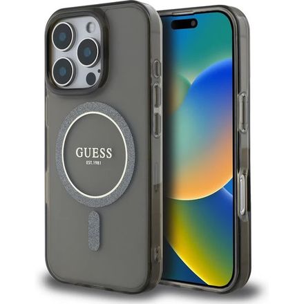 Guess IML Glitter Ring MagSafe kryt iPhone 16 Pro Max černý