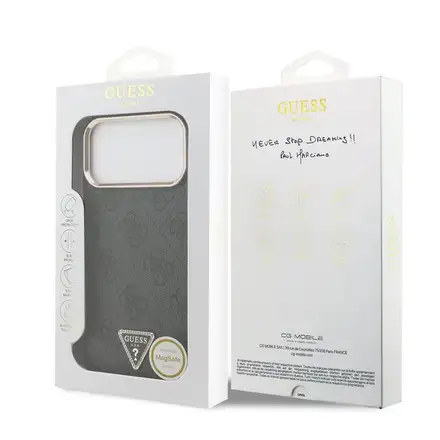 Guess PU Leather 4G Strass Triangle Logo Gold Frame MagSafe kryt iPhone 18 Pro černý
