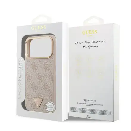 Guess PU Leather 4G Strass Triangle Logo Gold Frame MagSafe kryt iPhone 18 Pro Max růžový