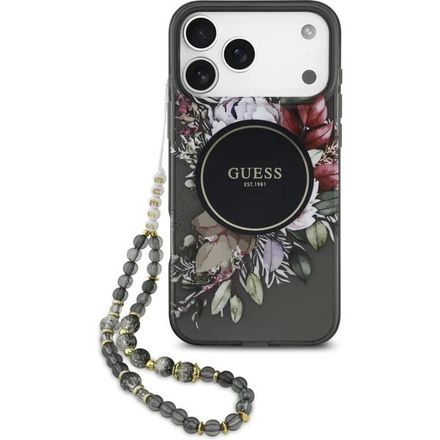 Guess IML Flowers Strap MagSafe kryt iPhone 17 Pro černý