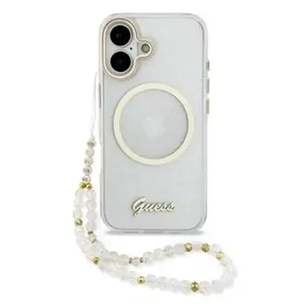 Guess IML Glitter Script Strap MagSafe kryt iPhone 17 bílý