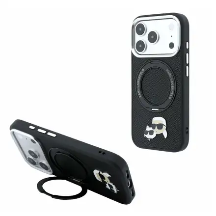 Karl Lagerfeld PU Grained K&CH Heads Ring Stand Magsafe kryt iPhone 18 Pro Max černá