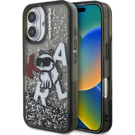 Karl Lagerfeld Liquid Glitter Scattered Choupette kryt iPhone 16 černý