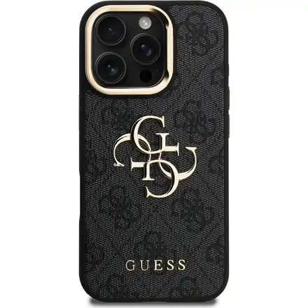 Guess PU 4G Metal Logo Stand Camera Frame kryt iPhone 16 Pro černý