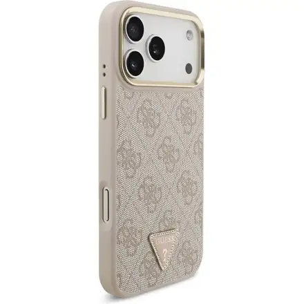 Guess PU Leather 4G Strass Triangle Logo Gold Frame MagSafe kryt iPhone 17 Pro Max růžový