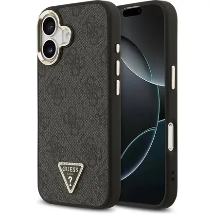 Guess PU Leather 4G Strass Triangle Logo Gold Frame MagSafe kryt iPhone 17 černý