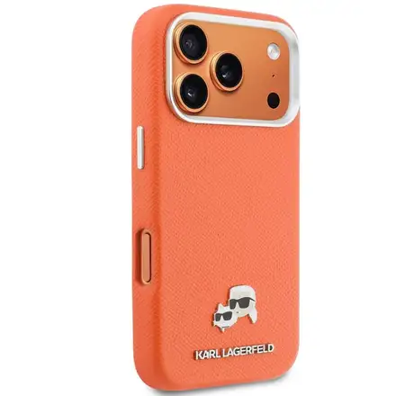 Karl Lagerfeld PU Karl and Choupette Heads Pins MagSafe kryt iPhone 17 Pro oranžový