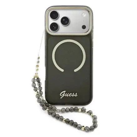 Guess IML Glitter Script Strap MagSafe kryt iPhone 17 Pro Max černý