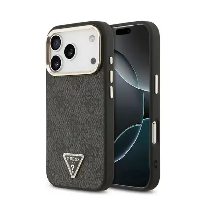 Guess PU Leather 4G Strass Triangle Logo Gold Frame MagSafe kryt iPhone 18 Pro černý