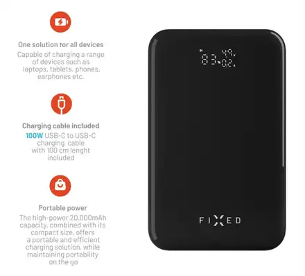 FIXED powerbanka Zen 20 Pro s LCD displejem a výstupem 130W, 20000 mAh, černá