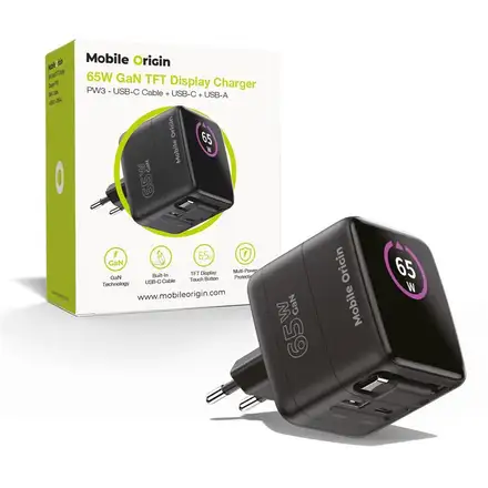 Mobile Origin 65W GaN Display Charger PW3 USB-C Self-Retracting Cable/USB-C/USB-A