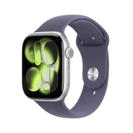 Apple Watch Series 11 GPS 46mm Stříbrný hliník s mlžně fialovým sportovním řemínkem - M/L