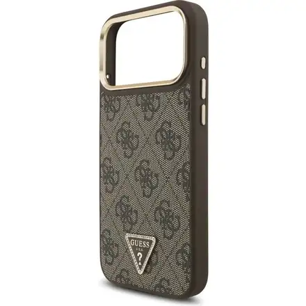Guess PU Leather 4G Strass Triangle Logo Gold Frame MagSafe kryt iPhone 17 Pro Max hnědý