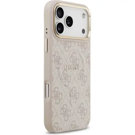 Guess PU Leather 4G Strass Triangle Logo Gold Frame MagSafe kryt iPhone 17 Pro Max růžový