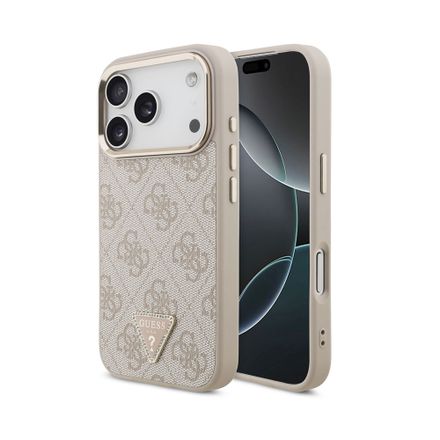 Guess PU Leather 4G Strass Triangle Logo Gold Frame MagSafe kryt iPhone 18 Pro růžový