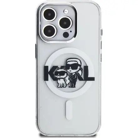 Karl Lagerfeld IML Glitter Karl and Choupette Sketch MagSafe kryt iPhone 15 Pro Max průhledný