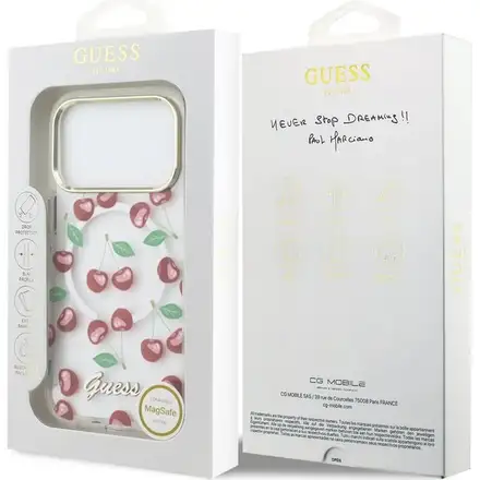 Guess IML Glitter Cherry MagSafe kryt iPhone 17 Pro bílý