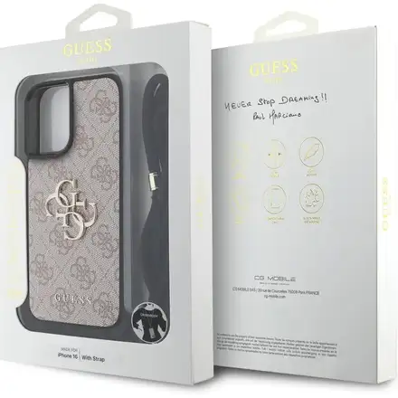 Guess PU 4G Metal Logo Crossbody Popruh kryt iPhone 16 růžový
