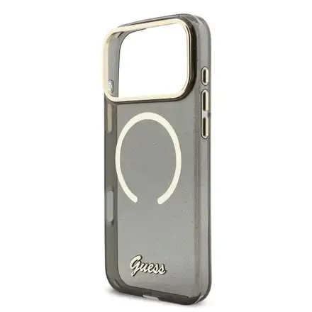 Guess IML Glitter Script Strap MagSafe kryt iPhone 17 Pro Max černý