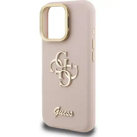 Guess PU Grained 4G Logo Stand Camera Frame kryt iPhone 15 Pro Max růžový