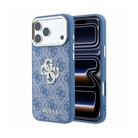 Guess PU 4G Strass Metal Logo kryt iPhone 18 Pro modrý