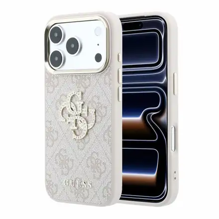 Guess PU 4G Strass Metal Logo kryt iPhone 18 Pro Max růžový