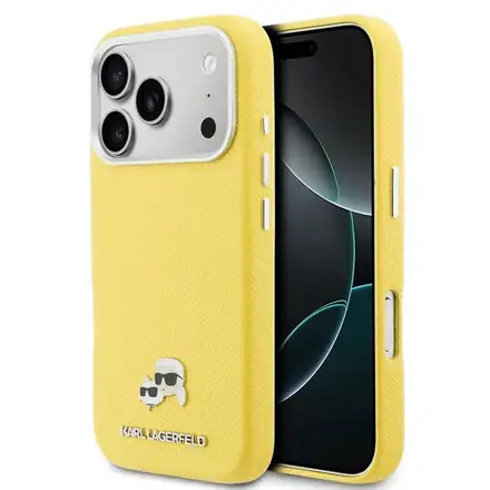 Karl Lagerfeld PU Karl and Choupette Heads Pins MagSafe kryt iPhone 17 Pro žlutý