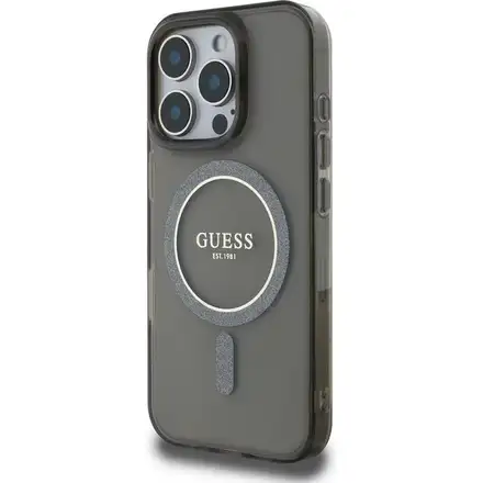 Guess IML Glitter Ring MagSafe kryt iPhone 16 Pro černý
