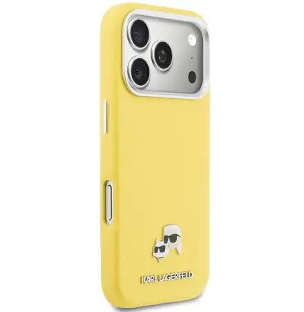 Karl Lagerfeld PU Karl and Choupette Heads Pins MagSafe kryt iPhone 17 Pro žlutý