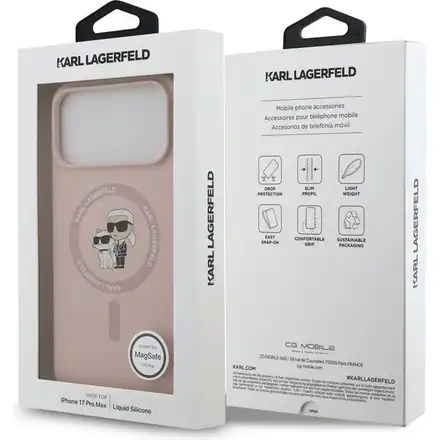 Karl Lagerfeld Liquid Silicone Karl and Choupette MagSafe kryt iPhone 17 Pro růžový