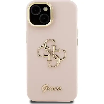 Guess PU Grained 4G Logo Stand Camera Frame kryt iPhone 15 růžový