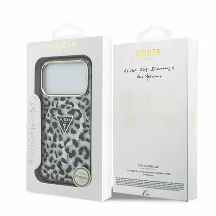 Guess IML Glitter Leopard Triangle Logo MagSafe kryt iPhone 18 Pro černý