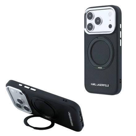 Karl Lagerfeld PU Saffiano Ring Stand MagSafe kryt iPhone 18 Pro Max černý