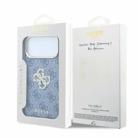Guess PU 4G Strass Metal Logo kryt iPhone 18 Pro modrý