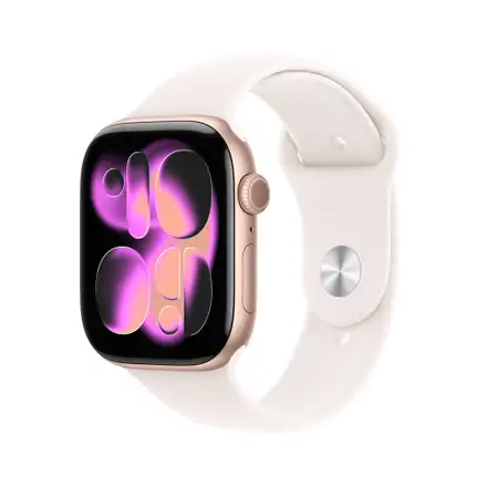 Apple Watch Series 11 GPS 42mm Růžově zlatý hliník se světle ruměným sportovním řemínkem - S/M