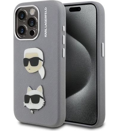 Karl Lagerfeld Grained PU K&CH Heads kryt iPhone 15 Pro Max šedý