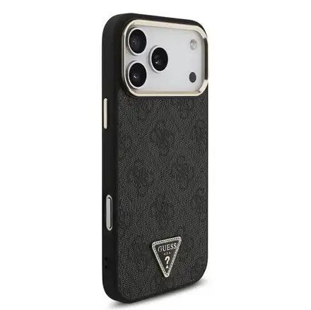 Guess PU Leather 4G Strass Triangle Logo Gold Frame MagSafe kryt iPhone 18 Pro černý
