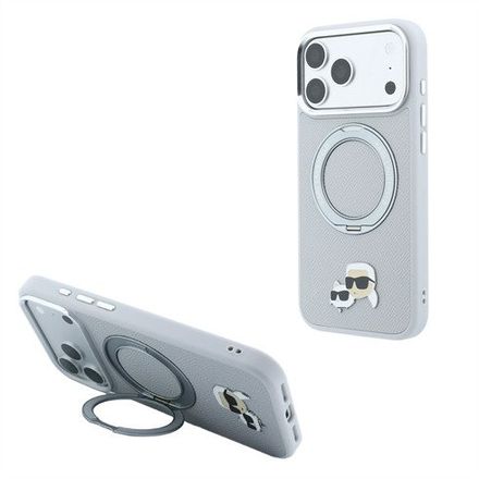 Karl Lagerfeld PU Grained K&CH Heads Ring Stand Magsafe kryt iPhone 18 Pro šedá