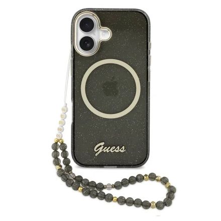 Guess IML Glitter Script Strap MagSafe kryt iPhone 17 černý