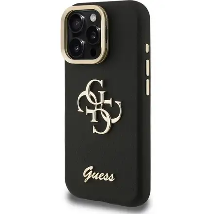 Guess PU Grained 4G Logo Stand Camera Frame kryt iPhone 15 Pro černý