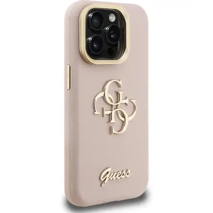 Guess PU Grained 4G Logo Stand Camera Frame kryt iPhone 15 Pro růžový