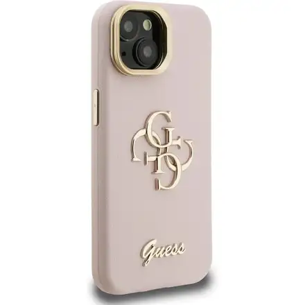 Guess PU Grained 4G Logo Stand Camera Frame kryt iPhone 15 růžový