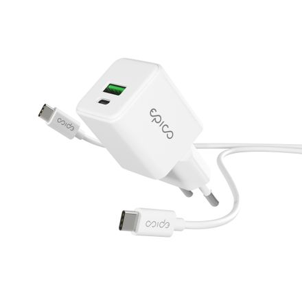 iStores by Epico Ultraboost GaN 20W síťový adaptér EA20 s 1,2 m USB-C na USB-C kablem - bílá