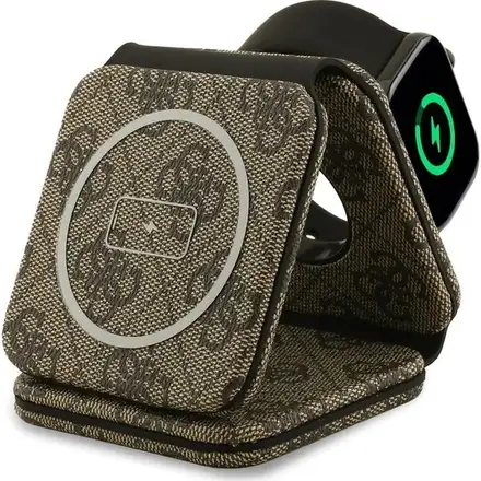 Guess PU 4G MagSafe Bezdrátová Nabíječka 3v1 hnědá