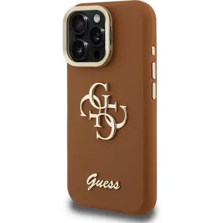 Guess PU Grained 4G Logo Stand Camera Frame kryt iPhone 15 Pro hnědý