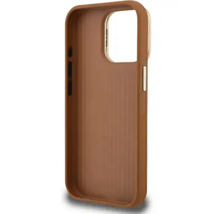 Guess PU Grained 4G Logo Stand Camera Frame kryt iPhone 15 Pro hnědý